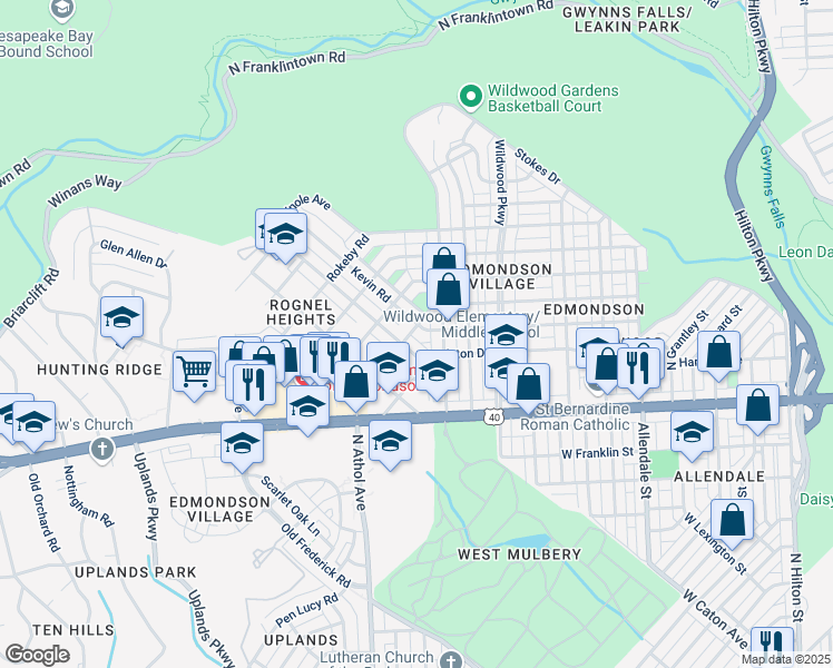 map of restaurants, bars, coffee shops, grocery stores, and more near 710 Kevin Road in Baltimore