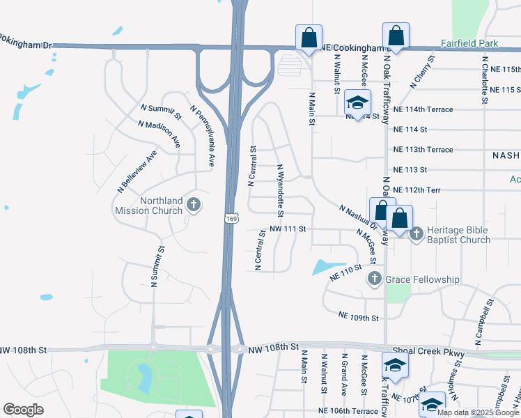 map of restaurants, bars, coffee shops, grocery stores, and more near 202 Northwest 111 Street in Kansas City