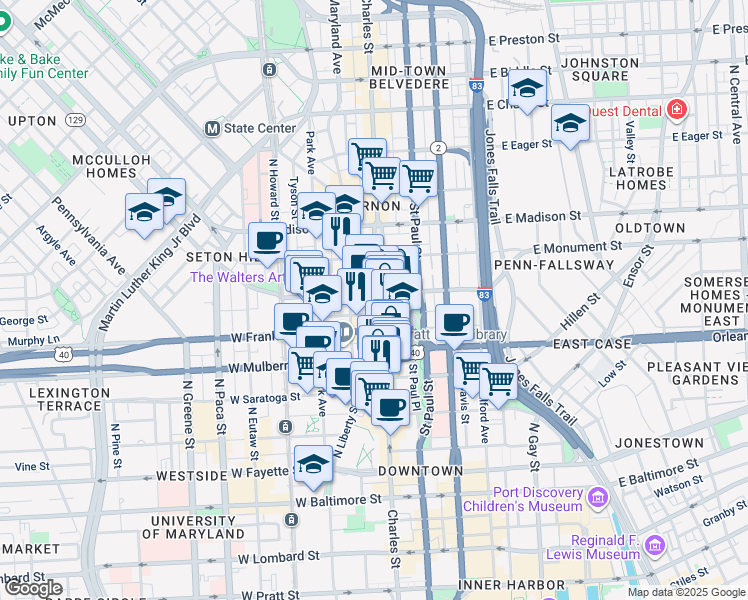 map of restaurants, bars, coffee shops, grocery stores, and more near 524 North Charles Street in Baltimore