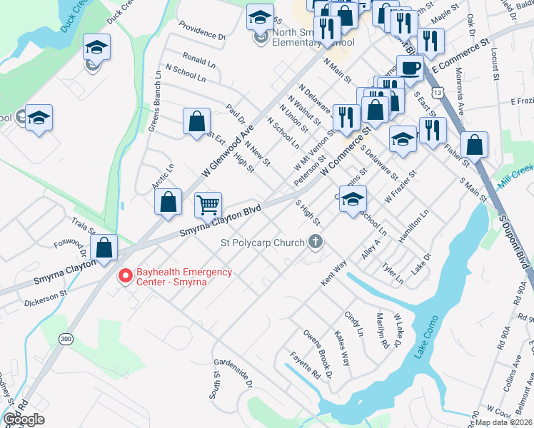 map of restaurants, bars, coffee shops, grocery stores, and more near 511 West Commerce Street in Smyrna