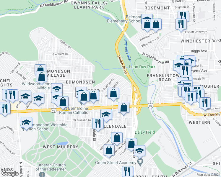 map of restaurants, bars, coffee shops, grocery stores, and more near 736 Linnard Street in Baltimore