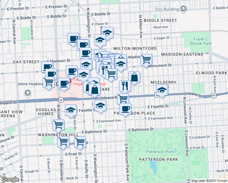 map of restaurants, bars, coffee shops, grocery stores, and more near 417 North Collington Avenue in Baltimore