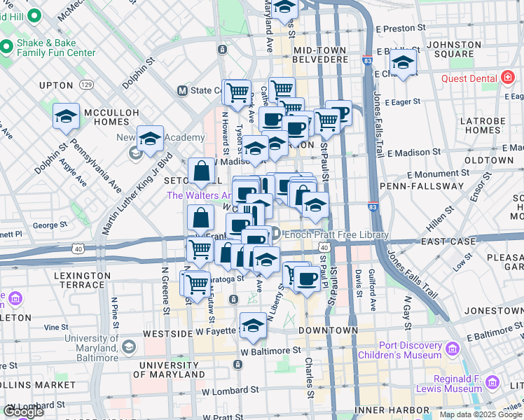 map of restaurants, bars, coffee shops, grocery stores, and more near 111 West Centre Street in Baltimore