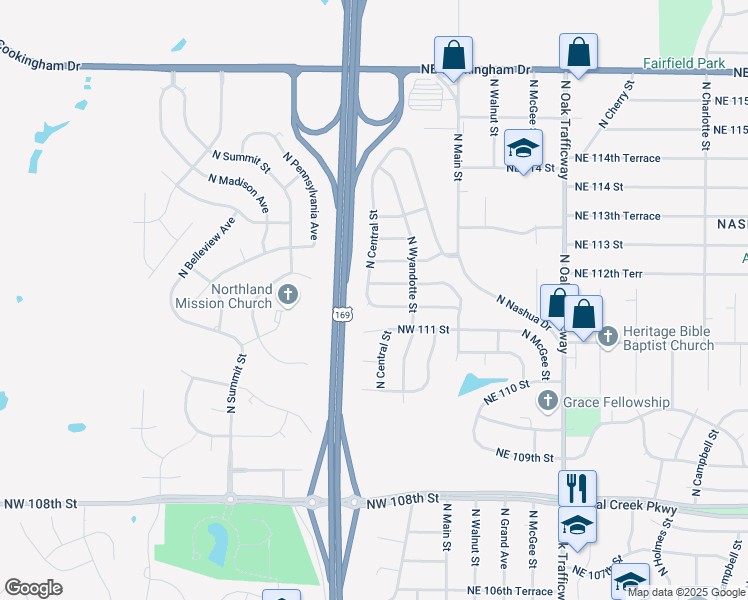 map of restaurants, bars, coffee shops, grocery stores, and more near 316 Northwest 111 Street in Kansas City