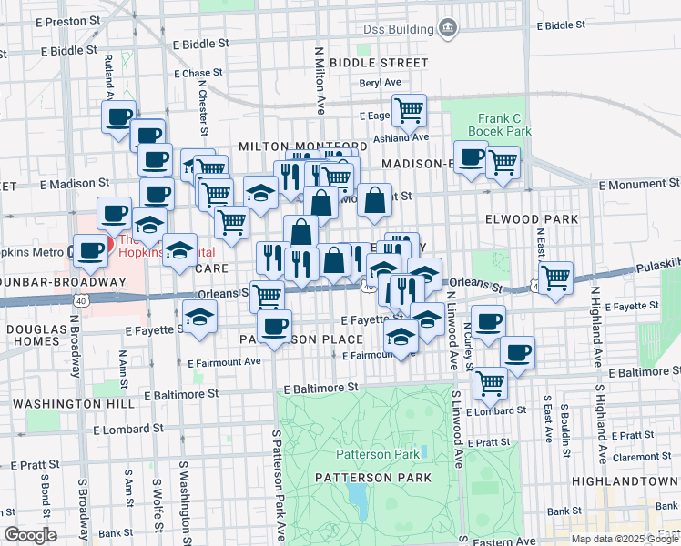 map of restaurants, bars, coffee shops, grocery stores, and more near 424 North Rose Street in Baltimore
