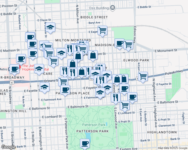 map of restaurants, bars, coffee shops, grocery stores, and more near 409 North Glover Street in Baltimore