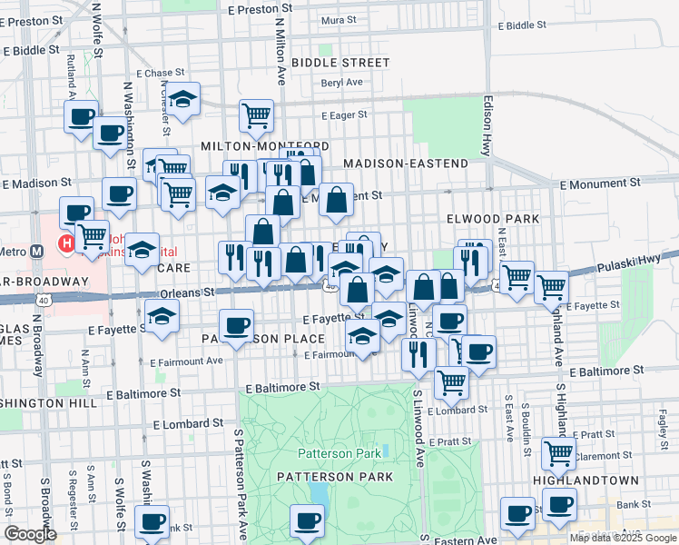 map of restaurants, bars, coffee shops, grocery stores, and more near 409 North Glover Street in Baltimore