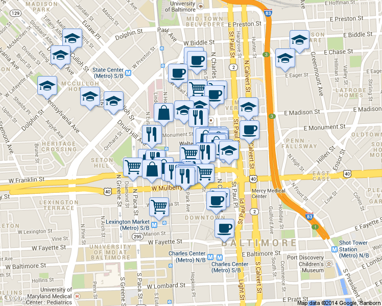 map of restaurants, bars, coffee shops, grocery stores, and more near 502 Park Avenue in Baltimore