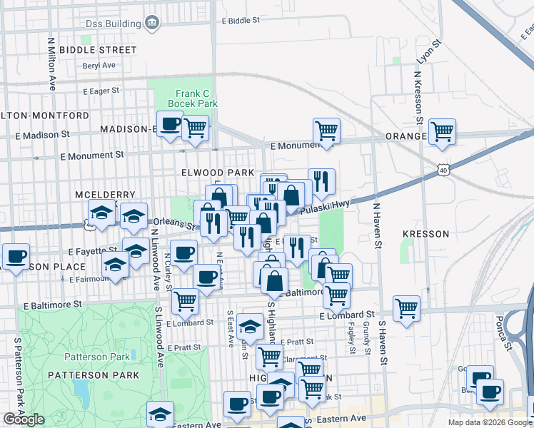 map of restaurants, bars, coffee shops, grocery stores, and more near 400 South Highland Avenue in Baltimore