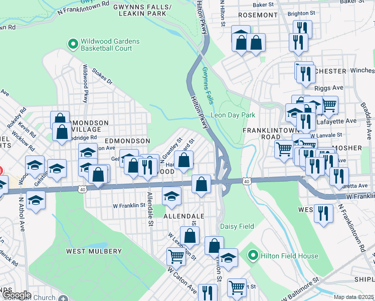 map of restaurants, bars, coffee shops, grocery stores, and more near 739 Linnard Street in Baltimore