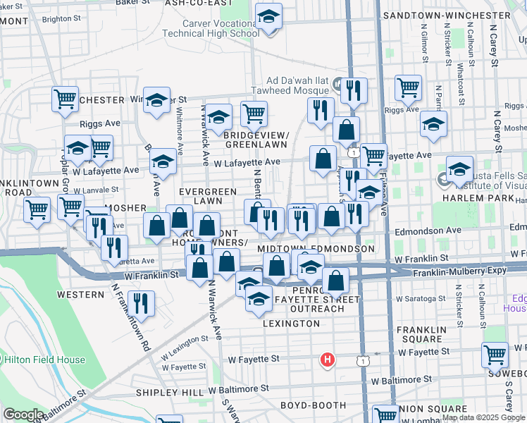 map of restaurants, bars, coffee shops, grocery stores, and more near 639 North Bentalou Street in Baltimore