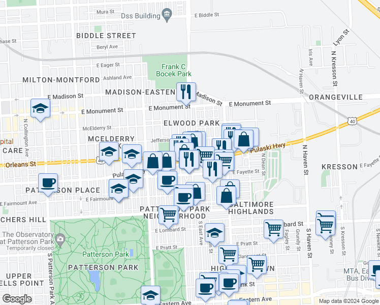 map of restaurants, bars, coffee shops, grocery stores, and more near 407 North Robinson Street in Baltimore