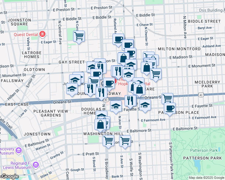 map of restaurants, bars, coffee shops, grocery stores, and more near in Baltimore