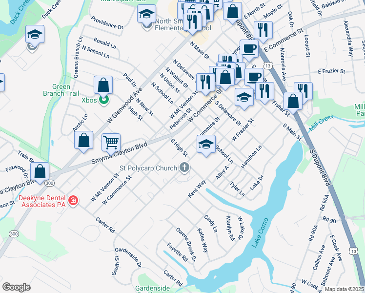 map of restaurants, bars, coffee shops, grocery stores, and more near 26 South High Street in Smyrna