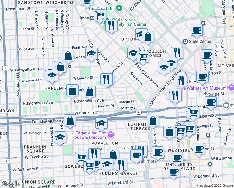 map of restaurants, bars, coffee shops, grocery stores, and more near 840 Edmondson Avenue in Baltimore
