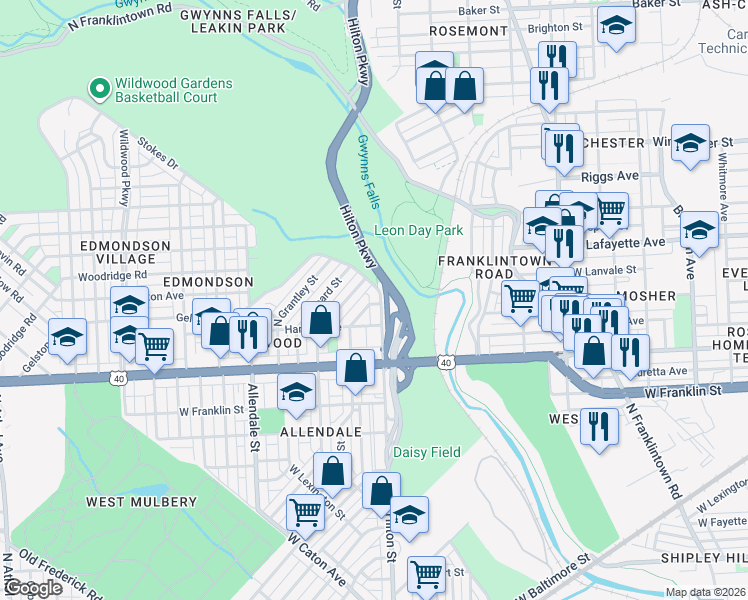 map of restaurants, bars, coffee shops, grocery stores, and more near 800 North Hilton Street in Baltimore