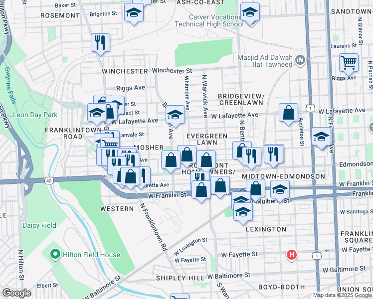 map of restaurants, bars, coffee shops, grocery stores, and more near 726 Whitmore Avenue in Baltimore