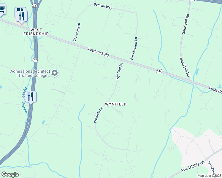 map of restaurants, bars, coffee shops, grocery stores, and more near 2642 Wynfield Road in West Friendship