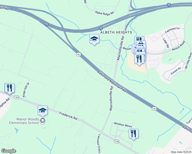 map of restaurants, bars, coffee shops, grocery stores, and more near 2810 Marriottsville Road in Marriottsville