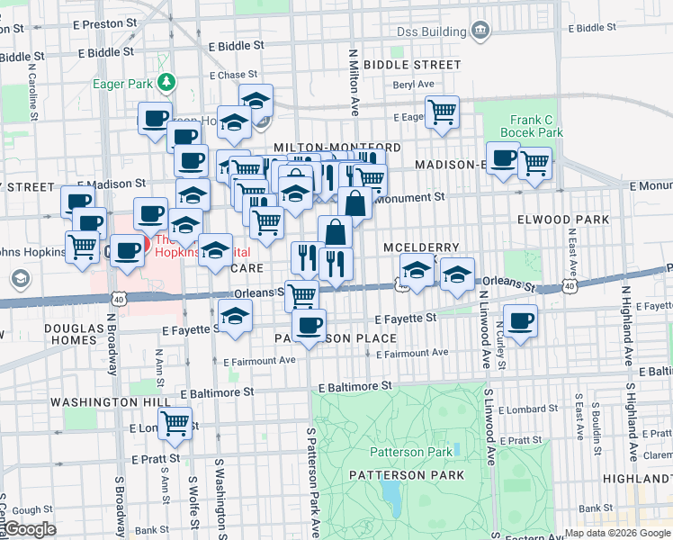 map of restaurants, bars, coffee shops, grocery stores, and more near 437 North Montford Avenue in Baltimore