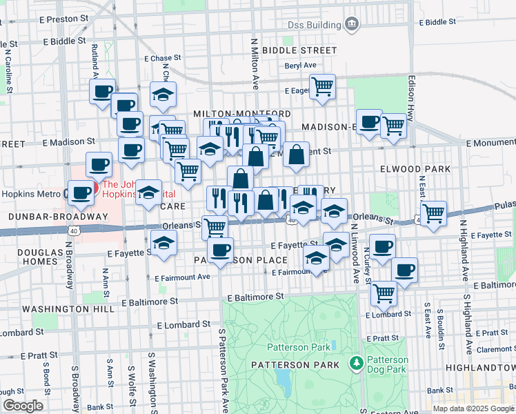 map of restaurants, bars, coffee shops, grocery stores, and more near 430 North Milton Avenue in Baltimore