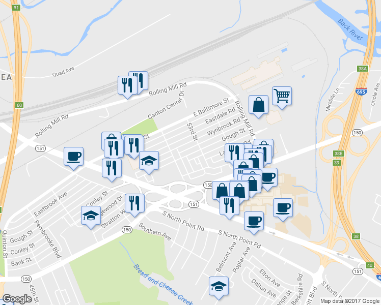 map of restaurants, bars, coffee shops, grocery stores, and more near 7850 Gough Street in Baltimore