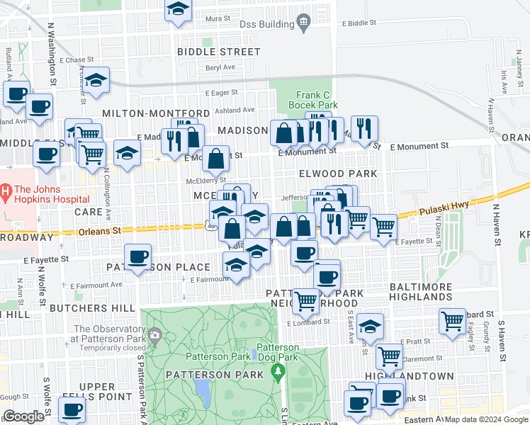map of restaurants, bars, coffee shops, grocery stores, and more near 409 North Streeper Street in Baltimore