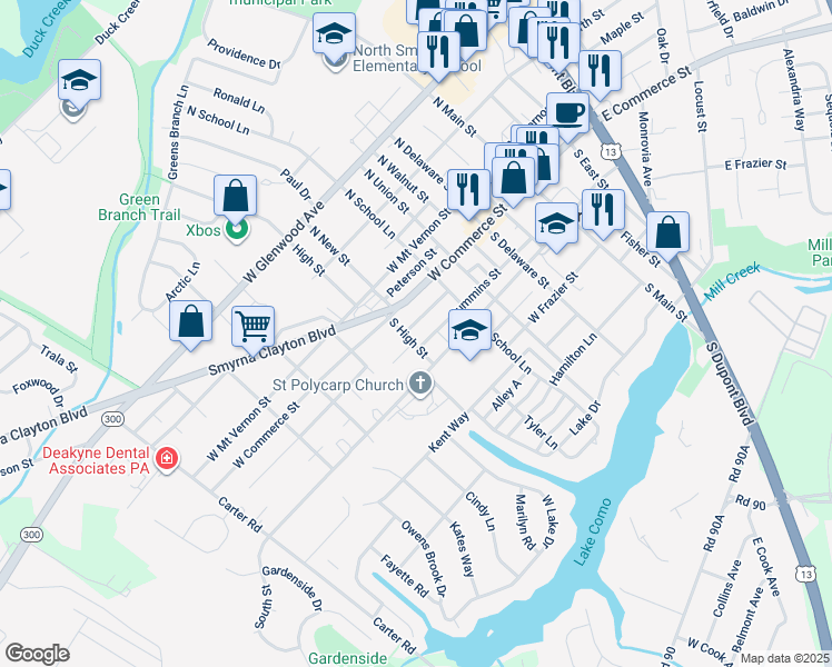 map of restaurants, bars, coffee shops, grocery stores, and more near 26 South High Street in Smyrna