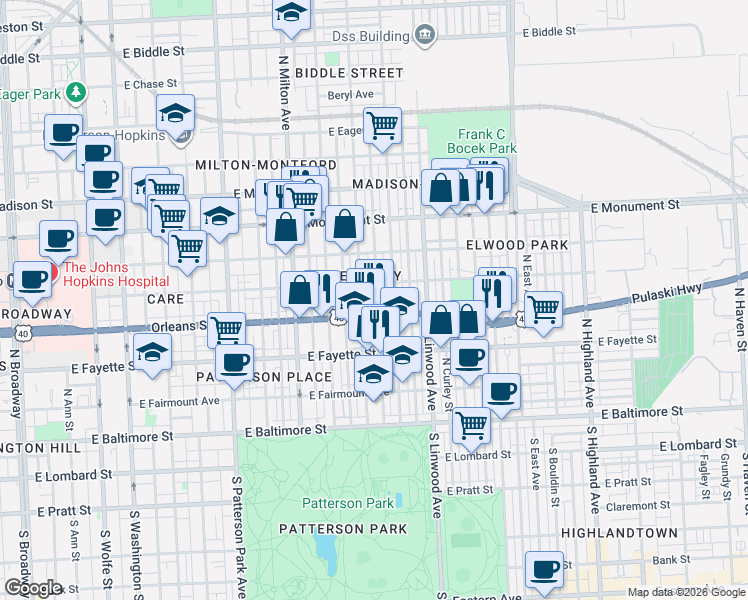 map of restaurants, bars, coffee shops, grocery stores, and more near 422 North Belnord Avenue in Baltimore