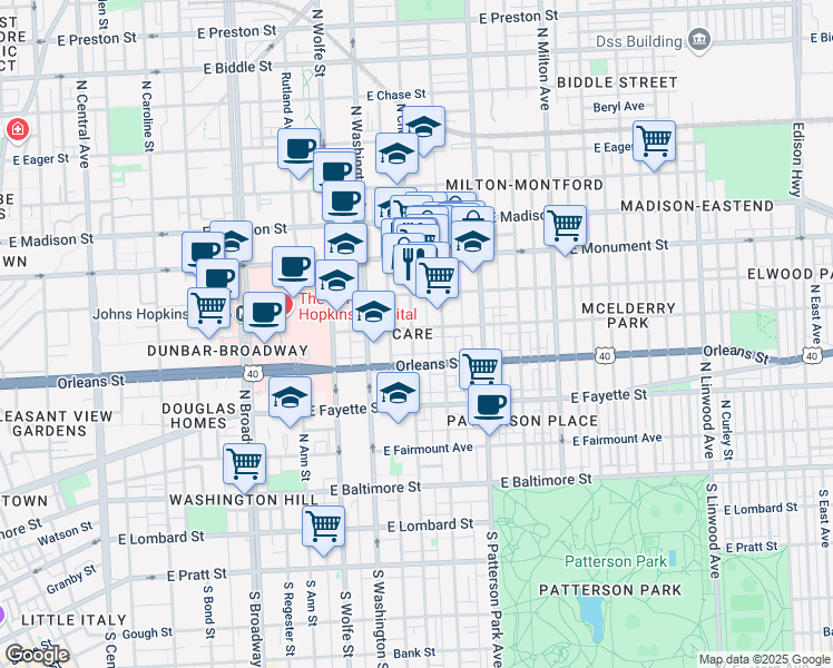 map of restaurants, bars, coffee shops, grocery stores, and more near 2101 Jefferson Street in Baltimore