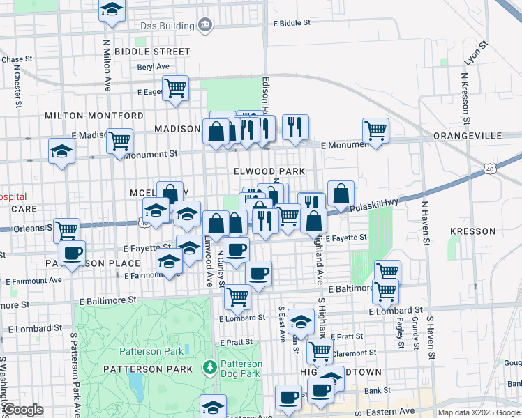 map of restaurants, bars, coffee shops, grocery stores, and more near 414 North Robinson Street in Baltimore