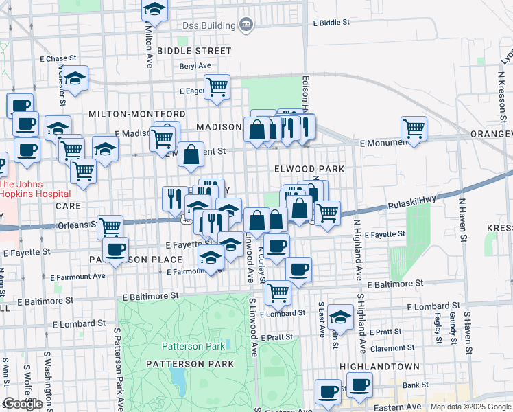 map of restaurants, bars, coffee shops, grocery stores, and more near 408 North Curley Street in Baltimore