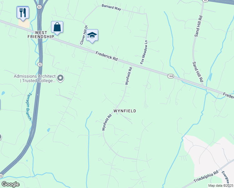 map of restaurants, bars, coffee shops, grocery stores, and more near 2642 Wynfield Road in West Friendship