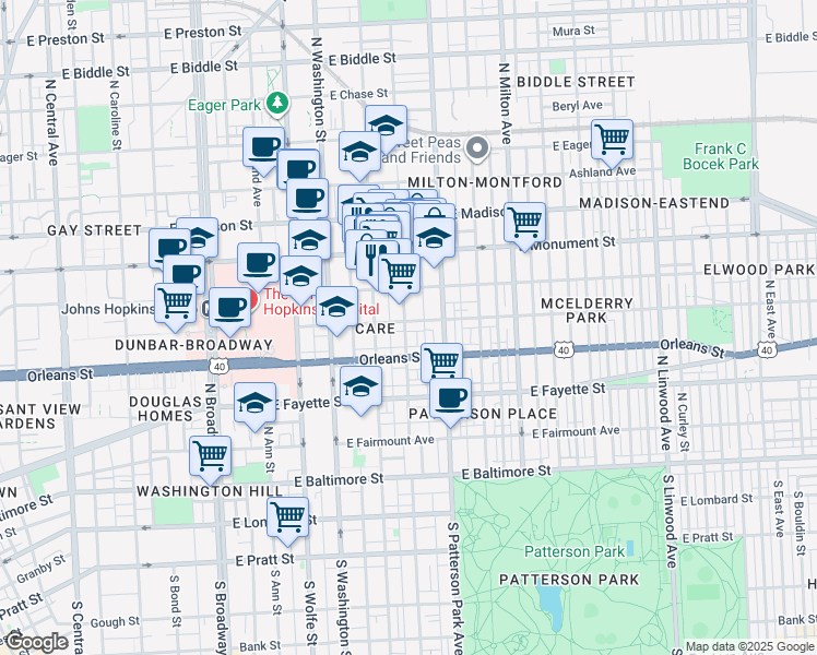 map of restaurants, bars, coffee shops, grocery stores, and more near 2201 Jefferson Street in Baltimore