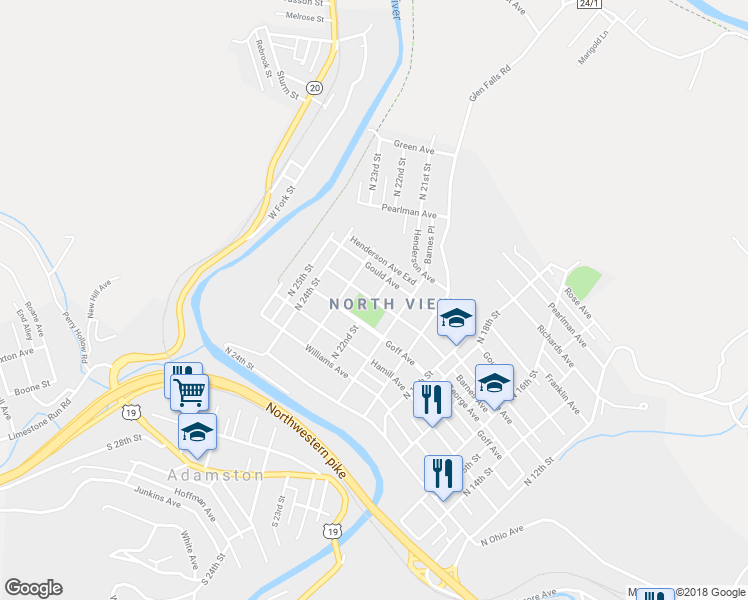 map of restaurants, bars, coffee shops, grocery stores, and more near 1203 North 22nd Street in Clarksburg