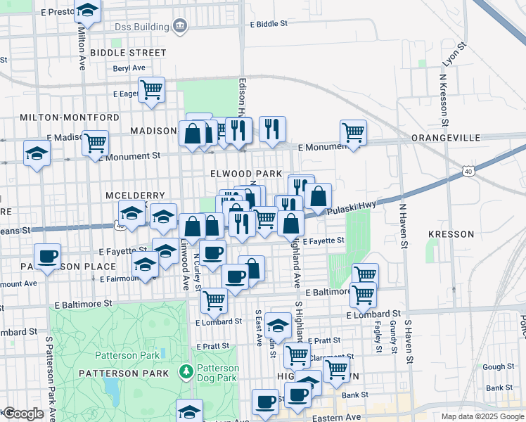 map of restaurants, bars, coffee shops, grocery stores, and more near 414 North Bouldin Street in Baltimore