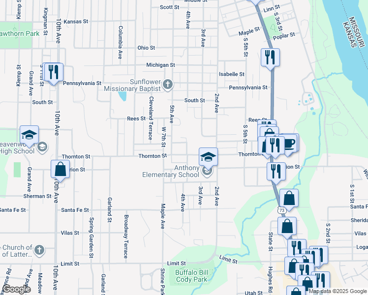 map of restaurants, bars, coffee shops, grocery stores, and more near 664 Doniphan Street in Leavenworth