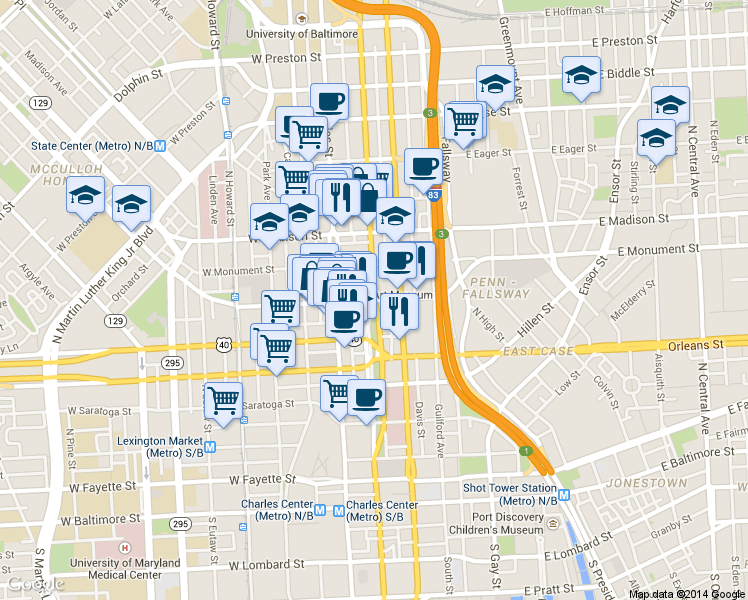 map of restaurants, bars, coffee shops, grocery stores, and more near St Paul St & E Centre St in Baltimore