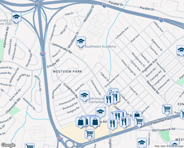 map of restaurants, bars, coffee shops, grocery stores, and more near 6003 Johnnycake Road in Baltimore