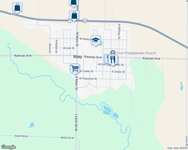 map of restaurants, bars, coffee shops, grocery stores, and more near 305 West Cedar Street in Riley