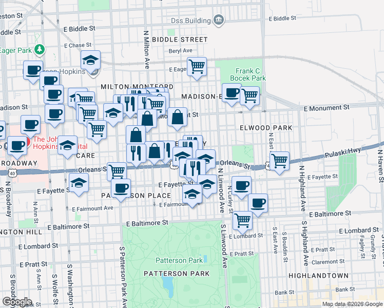 map of restaurants, bars, coffee shops, grocery stores, and more near 422 North Belnord Avenue in Baltimore