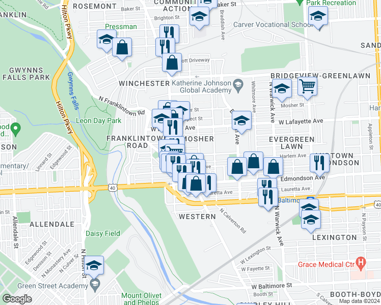 map of restaurants, bars, coffee shops, grocery stores, and more near 2822 Rayner Avenue in Baltimore