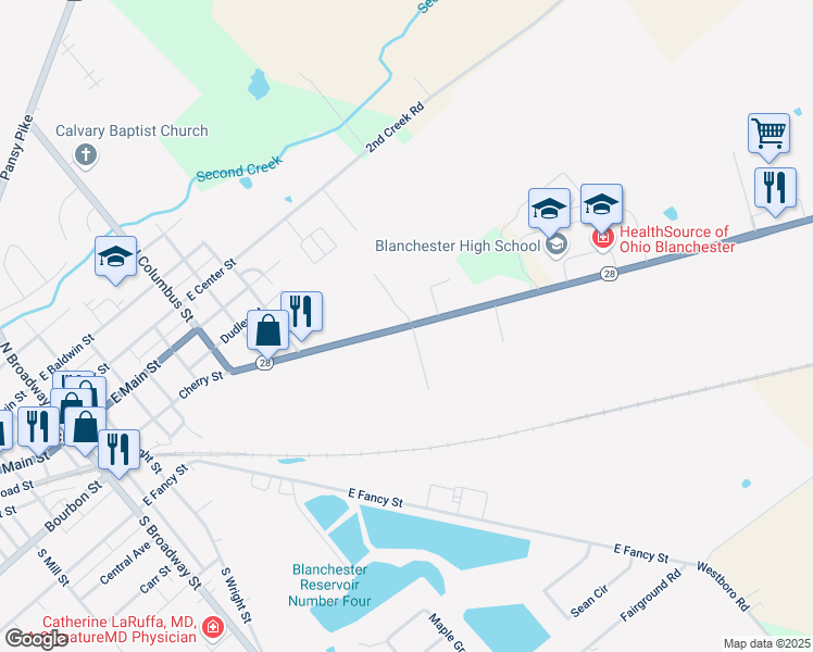 map of restaurants, bars, coffee shops, grocery stores, and more near 955 Cherry Street in Blanchester