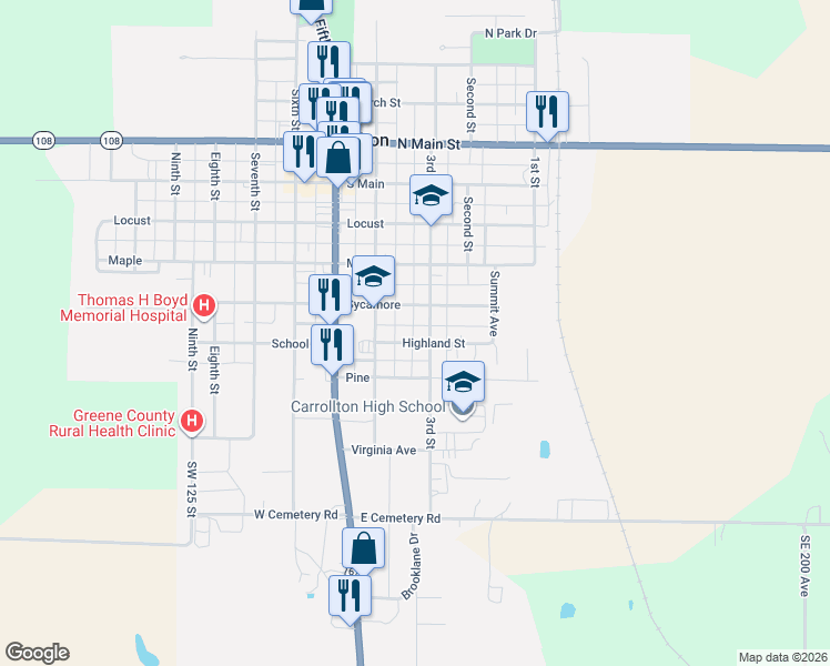 map of restaurants, bars, coffee shops, grocery stores, and more near 333-361 East Sycamore Street in Carrollton