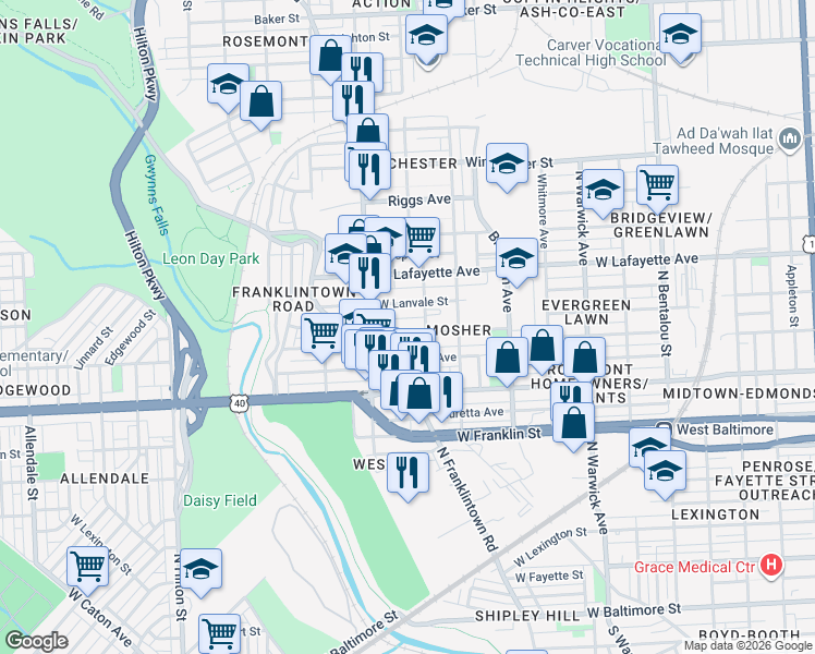 map of restaurants, bars, coffee shops, grocery stores, and more near 2822 Rayner Avenue in Baltimore