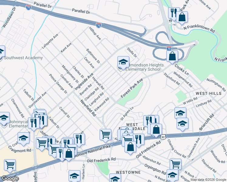 map of restaurants, bars, coffee shops, grocery stores, and more near 1504 Kirkwood Road in Baltimore