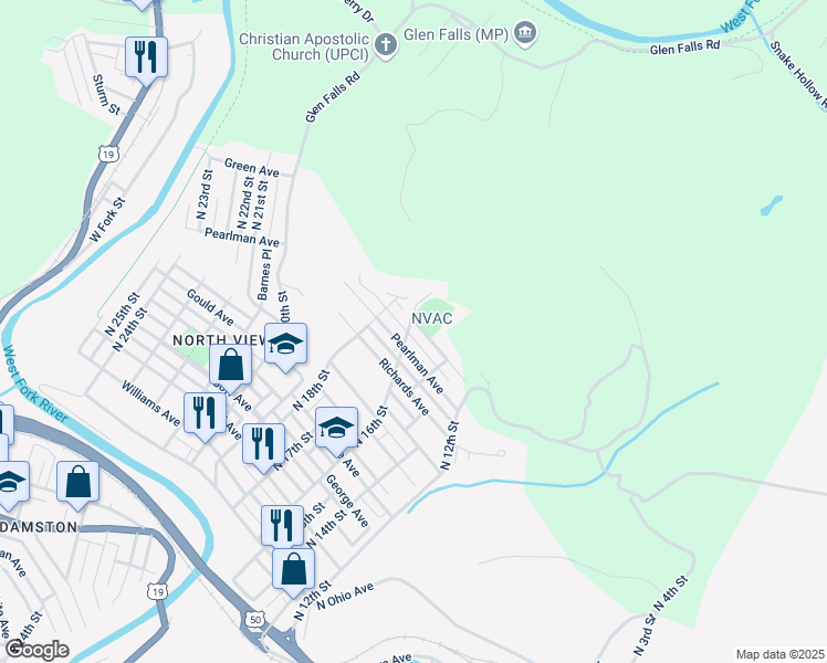 map of restaurants, bars, coffee shops, grocery stores, and more near 1836 North 16th Street in Clarksburg