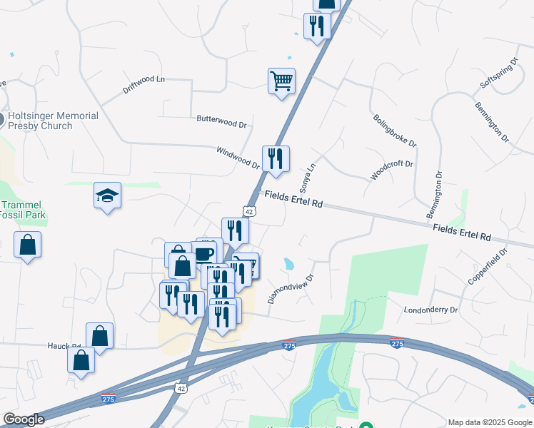 map of restaurants, bars, coffee shops, grocery stores, and more near 12164 Lebanon Road in Sharonville