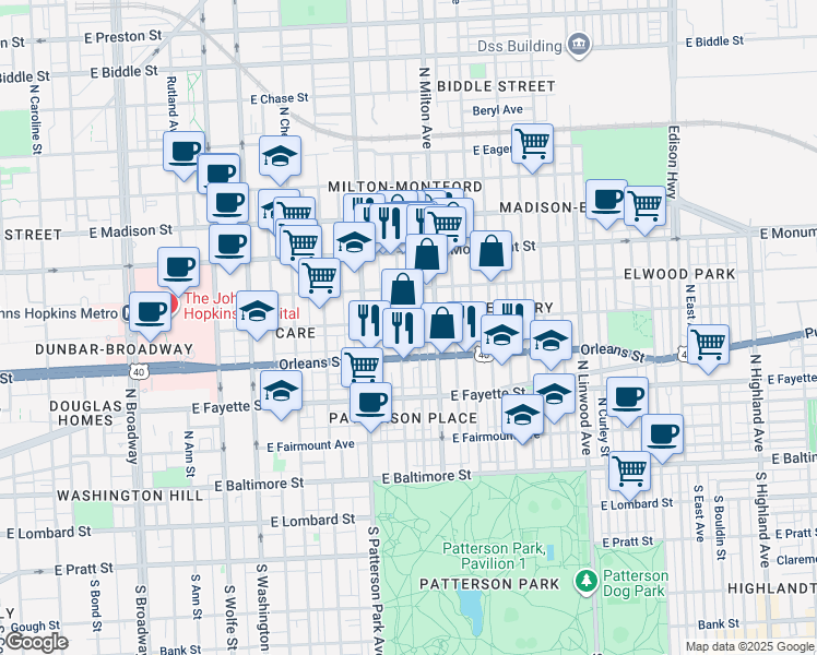 map of restaurants, bars, coffee shops, grocery stores, and more near 2409 Jefferson Street in Baltimore