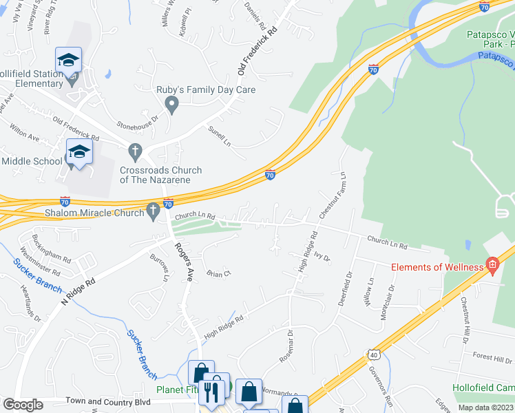map of restaurants, bars, coffee shops, grocery stores, and more near 8456 Church Lane Road in Ellicott City